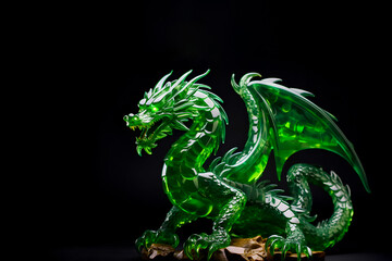 Obraz premium Statue of green dragon on dark background with copy space