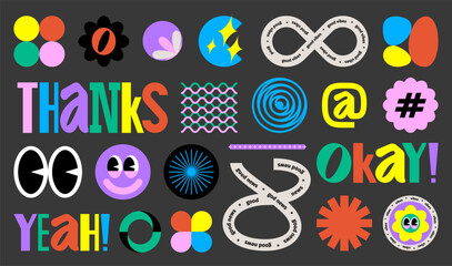 Modern geometric shapes patches. Retro acid stickers of hippie groovy stickers, colorful label logo stamps for promotion offer discount stickers. Vector set of shape geometric 90s sticker illustration