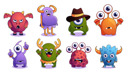 Funny monster collection. Cute comic monster faces funny expressions, alien creatures of different colors and sizes. Vector isolated set of characters creature, alien animal at halloween illustration