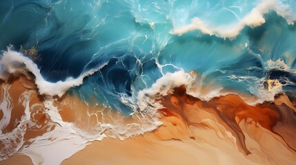 Hyper realistic photography, Abstract hypnotic illusion of turquoise ocean waves over gold sand - obrazy, fototapety, plakaty