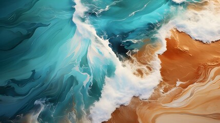 Hyper realistic photography, Abstract hypnotic illusion of turquoise ocean waves over gold sand