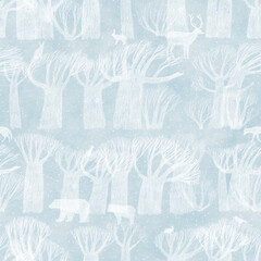 Winter forest. Vintage seamless pattern background. Perfect for fabric, textile, wallpaper, kindergarten. Drawing with chalks. Forest animals among the trees.