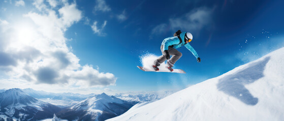Naklejka na ściany i meble Snowboarder Jumping with Deep Blue Sky - Winter Sport Background 