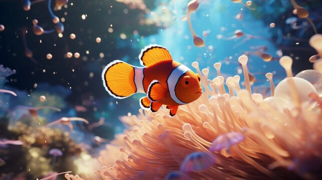 A clown fish swimming in an aquarium