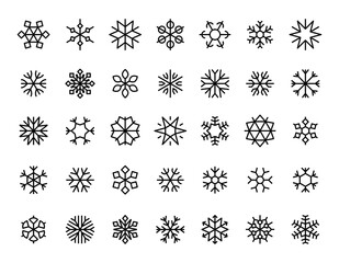 Black snowflake symbols. Frozen snowfall crystal icons for Christmas New year celebration, snowflake silhouettes geometric monogram elements. Vector set. Seasonal holiday, snowstorm