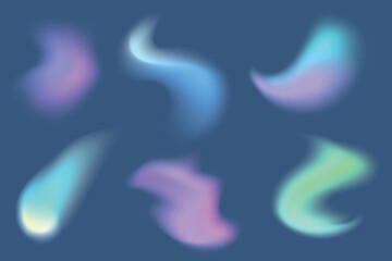 Set of transparent light rainbow crystal. Holographic abstract blur spot. Soft geometric blend graphic design isolated set. Bright fluid paint colorful blurry dynamic brush stroke glow. Vector 