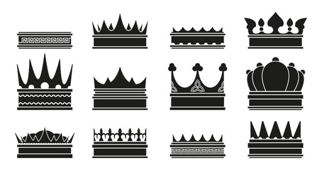Black king crown. Medieval nobleman ranking emblem silhouette, luxury monarchy insignia, success and victory award. Vector isolated set. Coronation royalty symbol for prince and princess © Frogella.stock