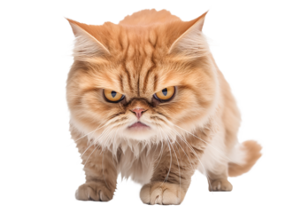 Angry funny ginger cat isolated on transparent background, png. Annoyed cat
