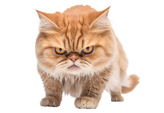 Angry funny ginger cat isolated on transparent background, png. Annoyed cat
