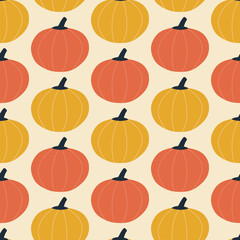 Colorful autumn pumpkin hand drawn vector illustration.Vegetable seamless pattern for home decor, wallpaper or fabric. Cute October fall background.