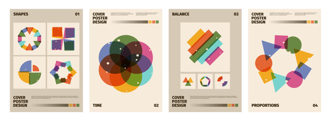 Riso geometric poster. Abstract linocut print with geometric shapes and floral elements. Vector minimal 90s retro wallpaper. Cover poster designs with basic forms as circle, square