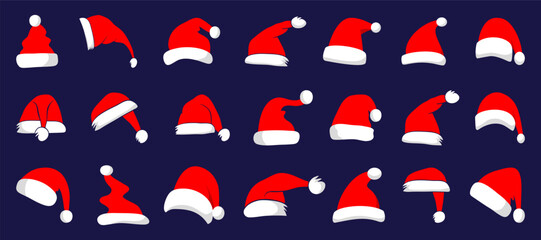 Santa hat set with shadow in a flat design. Cap or hat for Santa Claus in Christmas
