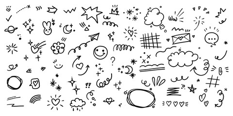 Doodle cute glitter pen line elements. Sparkle pen line elements. Simple sketch line style emphasis, attention. Heart, arrow, star, underline, speech balloons, sparkle decoration symbol set icon
