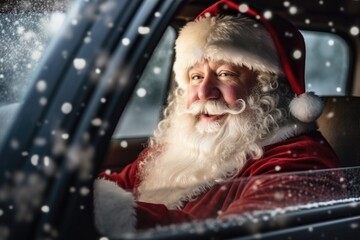 Santa Claus is stuck in a traffic jam. Portrait of Santa Claus. Santa Claus is driving his red car