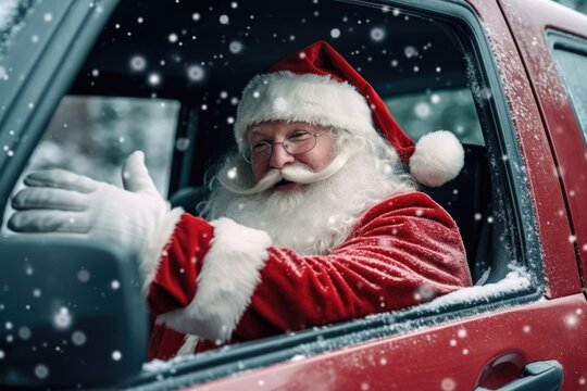 Santa Claus is stuck in a traffic jam. Portrait of Santa Claus. Santa Claus is driving his red car
