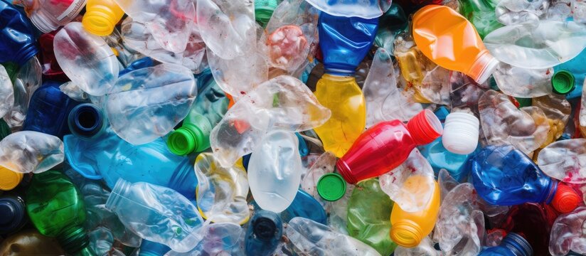 Recycled PET bottles gathered together in a plastic waste stack