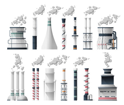 Industrial chimney. Cartoon coal smoke stack with gas exhaust pipe, industrial refinery smokestack with toxic fumes, eco power plant. Vector set. Environmental pollution, dirty smog