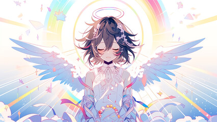 An animation-style cute angel descending with rainbow light from the sky. Generative AI