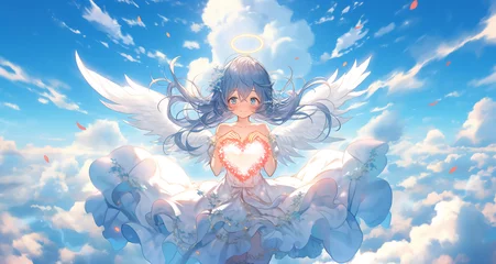 Fotobehang An animation-style cute angel flying in the sky with his wings spread out and holding a cloud of hearts. Generative AI © SB