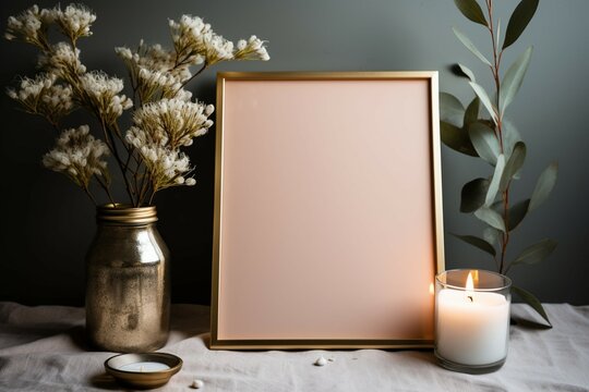 Blank photo frame and a glass jar candle, a tableau of memories