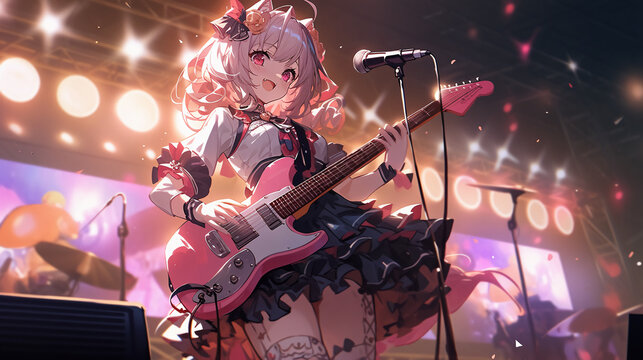 An animation-style cute idol performing at a concert. Generative AI