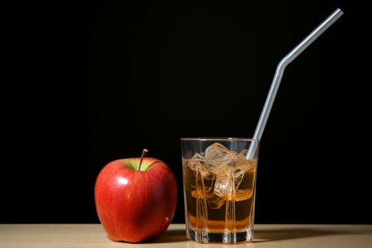 Delicious contrast Juicy apple beside a cardboard box and a glass with a straw