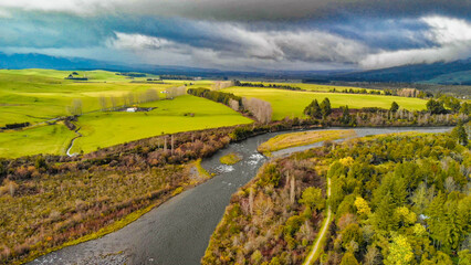 Fototapeta premium Aerial view of Turangi landscape at sunset, New Zealand