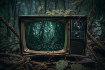 close up photography of an old TV with an old video footage of a hunted forest 