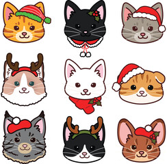 Simple and adorable cats front faces set Christmas version