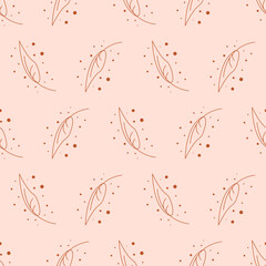 Seamless geometric pattern with brown leaves on pink background. Vector print for fabric background, textile
