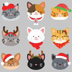 Fototapeta premium Flat colored adorable and simple cat heads set Christmas version