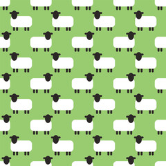 Seamless geometric pattern with sheep on light green background. Vector print for fabric background, textile