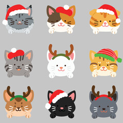 Flat colored adorable and simple cat heads with front paws set Christmas version