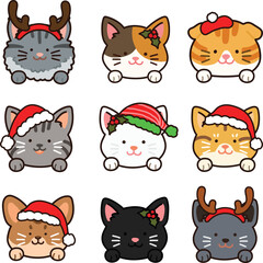 Obraz premium Outlined adorable and simple cat heads with front paws set Christmas version