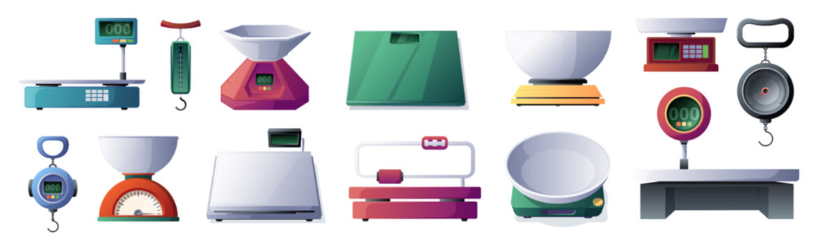 Different scale types. Measuring kitchen scales for weighing mass, scale instruments for body fat, price, equality and justice concept. Vector set. Equipment for weight measurement