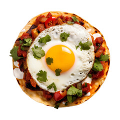Top view of Mexican food Huevos Rancheros  isolated on a white transparent background 