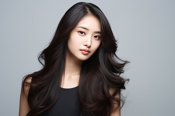 Beautiful long hair asian woman model hair smooth brunette hairstyle model, Product model advestising, Generative AI - obrazy, fototapety, plakaty