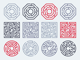 Labyrinth symbols set. Maze path complicated linear pictogram, maze route task geometric emblem. Vector labyrinth collection. Logical game for children, rebus for kids to find solution - obrazy, fototapety, plakaty
