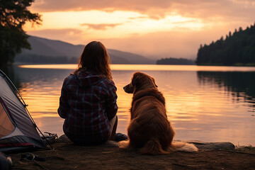 Young woman and her dog are sitting on the shore of a lake near a campfire in camp, enjoying an amazing view of the lake at sunset. Friendship between human and dog - obrazy, fototapety, plakaty
