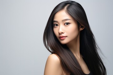 Beautiful long hair asian woman model hair smooth brunette hairstyle model, Product model advestising, Generative AI - obrazy, fototapety, plakaty