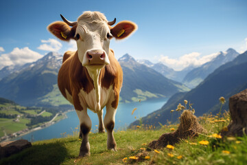 Fototapeta na wymiar Cow in the mountains, standing on slope