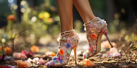 Visually aethetic  fashion high heels against a  flower background. Creative trendy picturesque scenes symbolize growth, nature, and harmony.