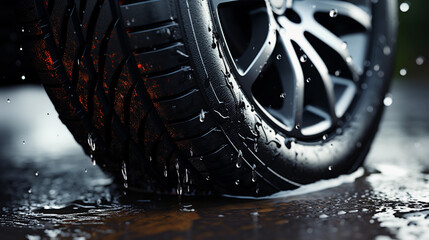 Close up portrait of. a car suv vehicle tire in rainy day, dripping wet wheel with water splash on road - obrazy, fototapety, plakaty