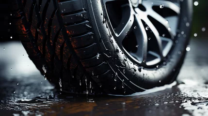 Fotobehang Close up portrait of. a car suv vehicle tire in rainy day, dripping wet wheel with water splash on road © amila