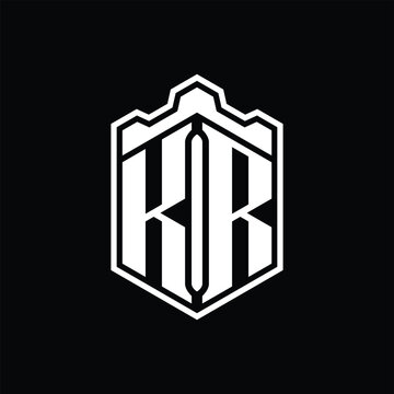 recommend clip art: KR Letter Logo monogram hexagon shield shape crown castle with outline style design