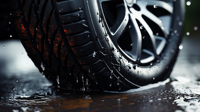 Close up portrait of. a car suv vehicle tire in rainy day, dripping wet wheel with water splash on road