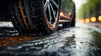 Dripping wet car tires on rainy day, urban city streets with water