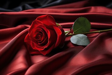 Red rose o a silk cloth. Valentines day poster, postcard design. Generative Ai