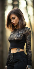 Portrait of a young woman with tattoos and bob hairstyle in the forest