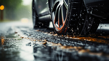 Dripping wet car tires on rainy day, urban city streets with water